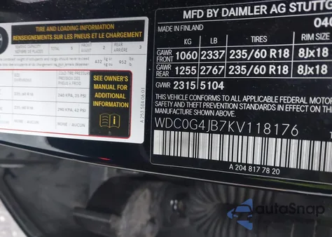 2019 Mercedes-Benz Glc 300 from USA, damaged, VIN WDC0G4JB7KV118176